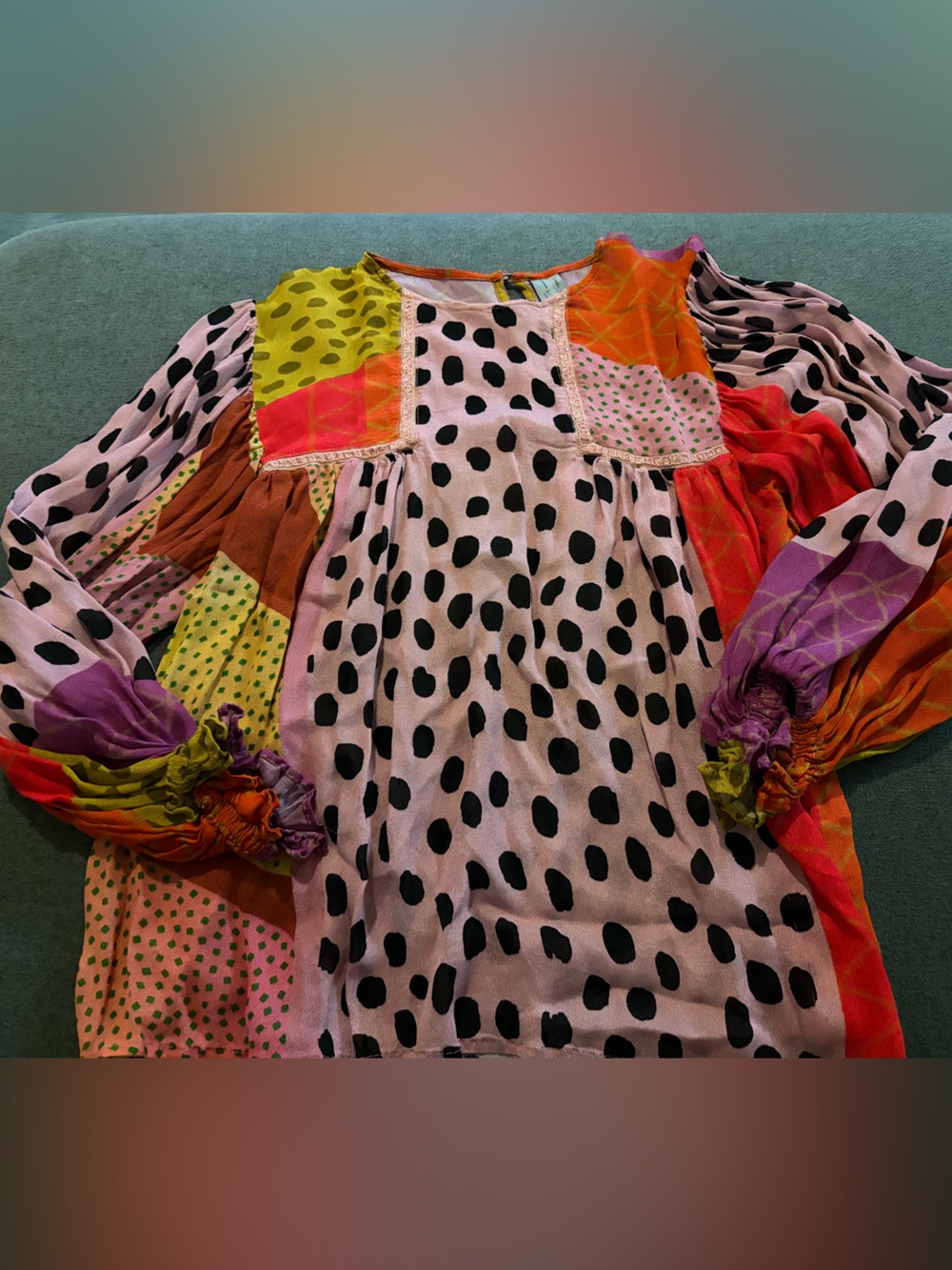Anthropologie Blank London Multicolor Patchwork Polka Dot Blouse